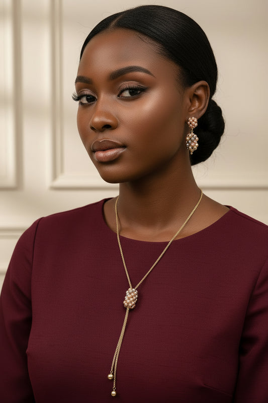 Long Elegant Ball Gold Necklace Chain And Earrings Bridal Wedding Birthday Costume Gift