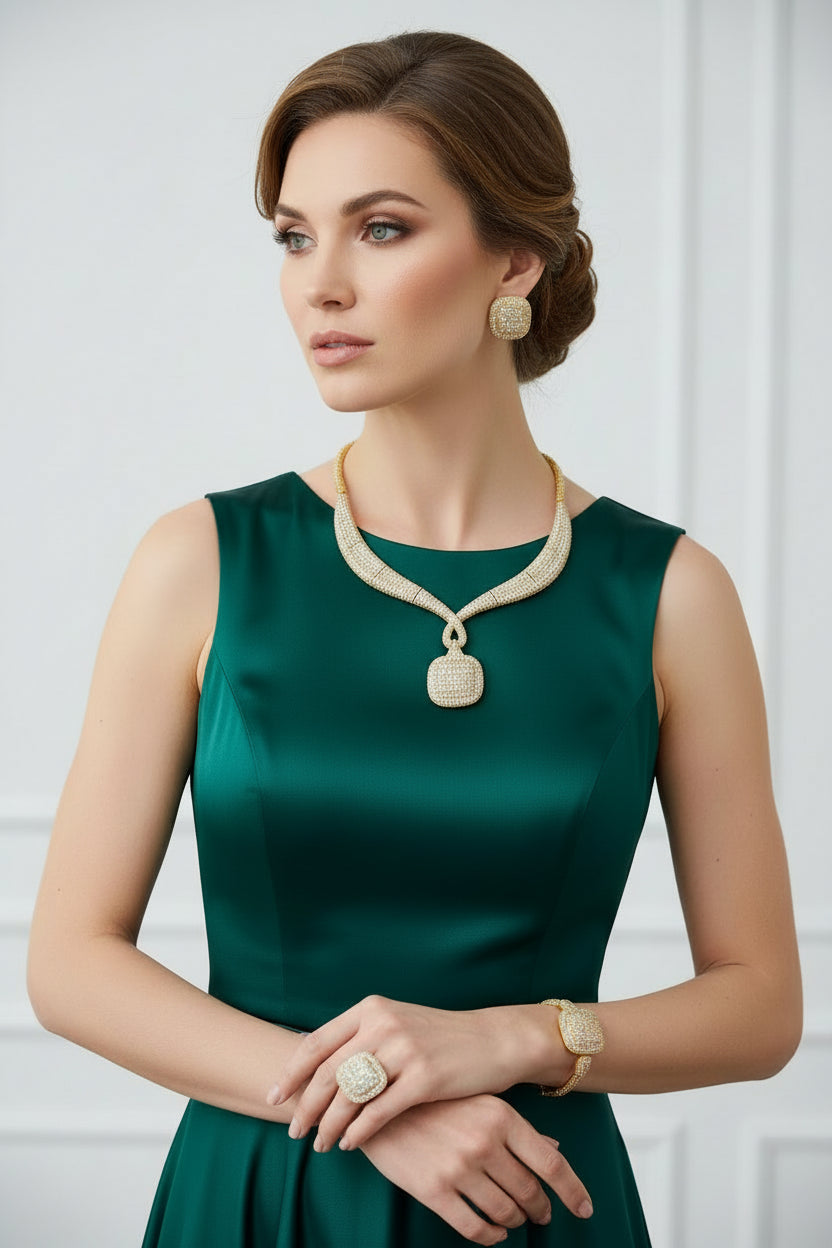 Costume Gold Jewellery Set With Choker Chain, Set of Earrings and Bracelet