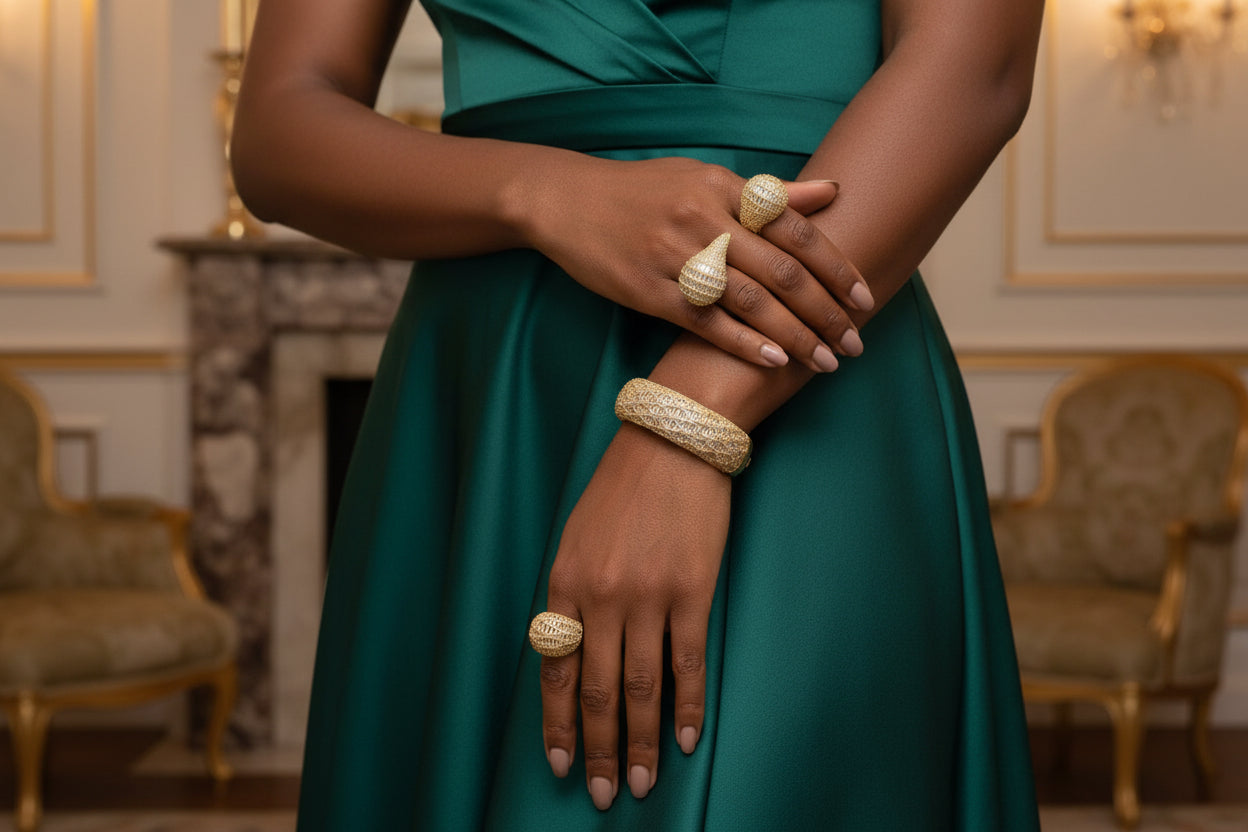 Zirconian Gold Bangle Earrings And Ring