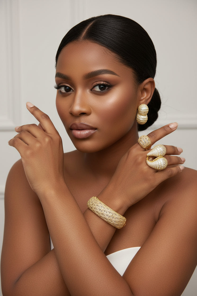 Zirconian Gold Bangle Earrings And Ring