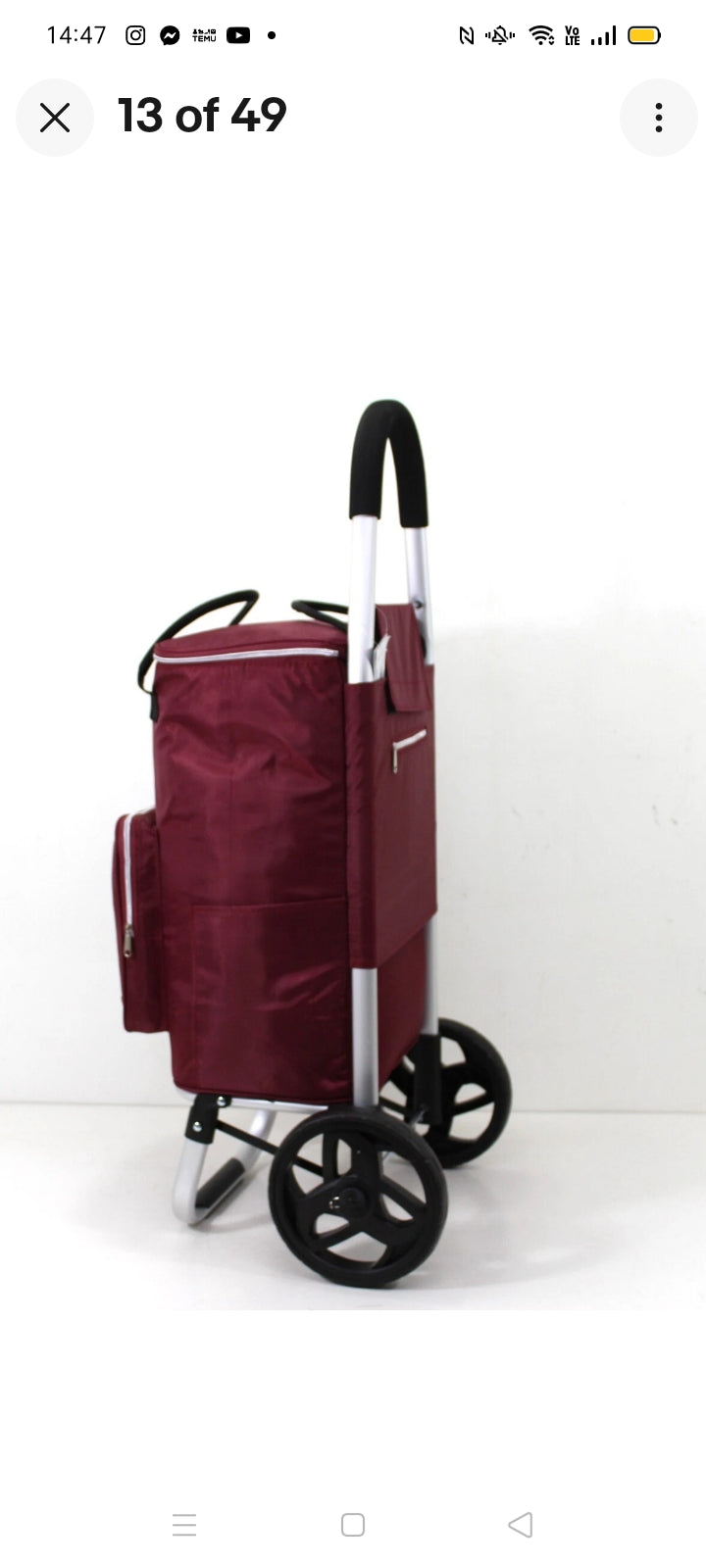Large Fully Insulated Lightweight Wheeled Shopping Trolley Cart Luggage Bag with Large Wheels and Folding Design