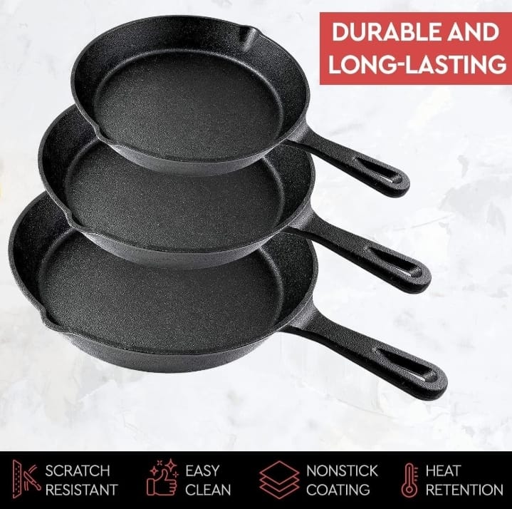 3pcs Pre Seasoned Cast Iron Skillet Set Non Stick Pre-seasoned Griddle Cooking Pan With Brush for Seasoning Frying and Baking