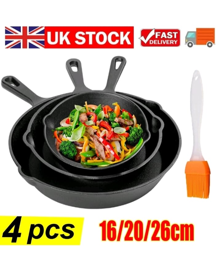 3pcs Pre Seasoned Cast Iron Skillet Set Non Stick Pre-seasoned Griddle Cooking Pan With Brush for Seasoning Frying and Baking