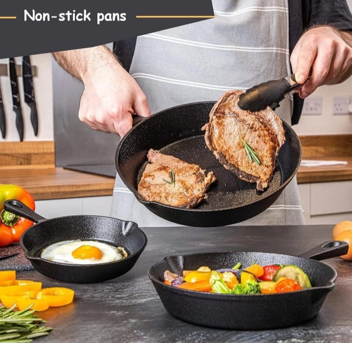 3pcs Pre Seasoned Cast Iron Skillet Set Non Stick Pre-seasoned Griddle Cooking Pan With Brush for Seasoning Frying and Baking