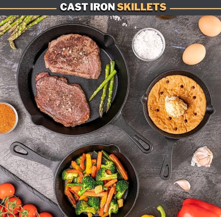 3pcs Pre Seasoned Cast Iron Skillet Set Non Stick Pre-seasoned Griddle Cooking Pan With Brush for Seasoning Frying and Baking