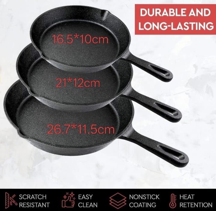 3pcs Pre Seasoned Cast Iron Skillet Set Non Stick Pre-seasoned Griddle Cooking Pan With Brush for Seasoning Frying and Baking