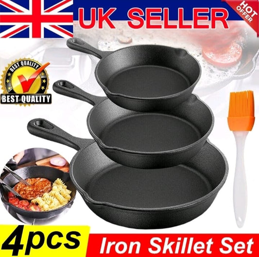 3pcs Pre Seasoned Cast Iron Skillet Set Non Stick Pre-seasoned Griddle Cooking Pan With Brush for Seasoning Frying and Baking