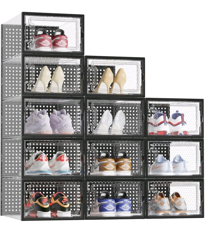 12 x Stackable Foldable Boxes Trainers Organiser Clear Plastic Shoe Storage Box for Easy Organization