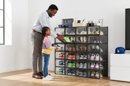 12 x Stackable Foldable Boxes Trainers Organiser Clear Plastic Shoe Storage Box for Easy Organization