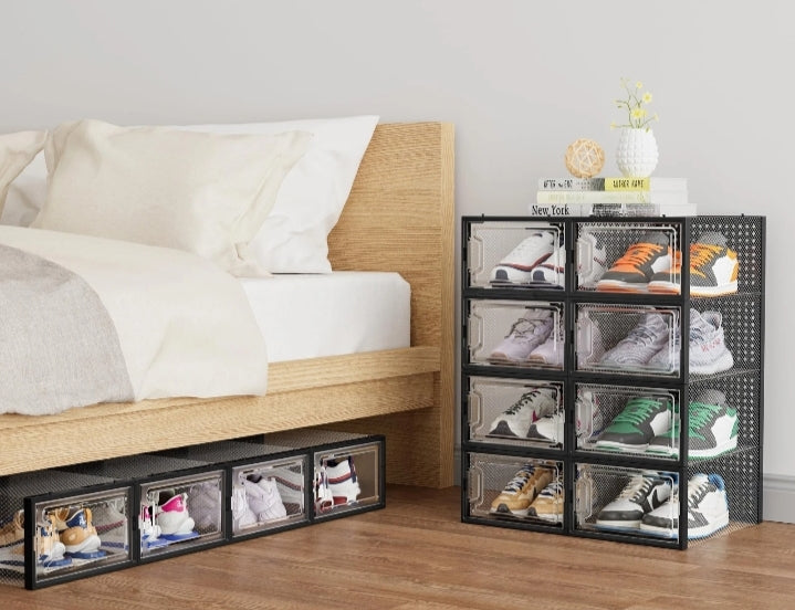 12 x Stackable Foldable Boxes Trainers Organiser Clear Plastic Shoe Storage Box for Easy Organization