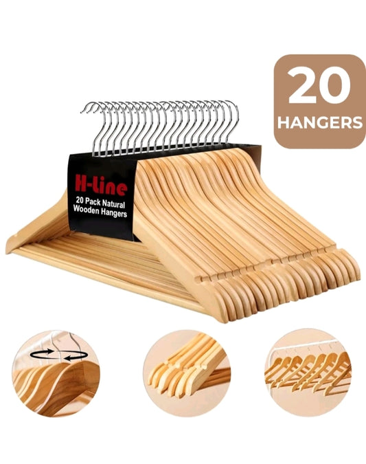 20 x Wooden Clothes Hangers with Trouser Bar and Notches – Natural Wood Effect!2