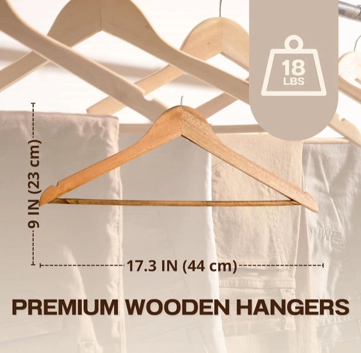 20 x Wooden Clothes Hangers with Trouser Bar and Notches – Natural Wood Effect!2