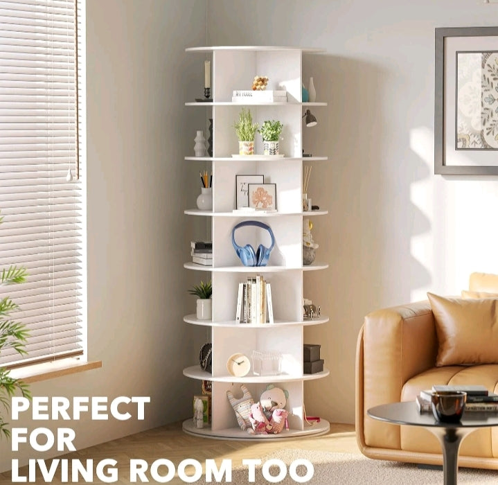 360° Rotating Shoe Rack – 7 Tier Cylindrical Storage Tower (Holds 28 Pairs, White)