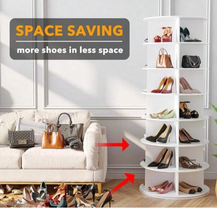 360° Rotating Shoe Rack – 7 Tier Cylindrical Storage Tower (Holds 28 Pairs, White)