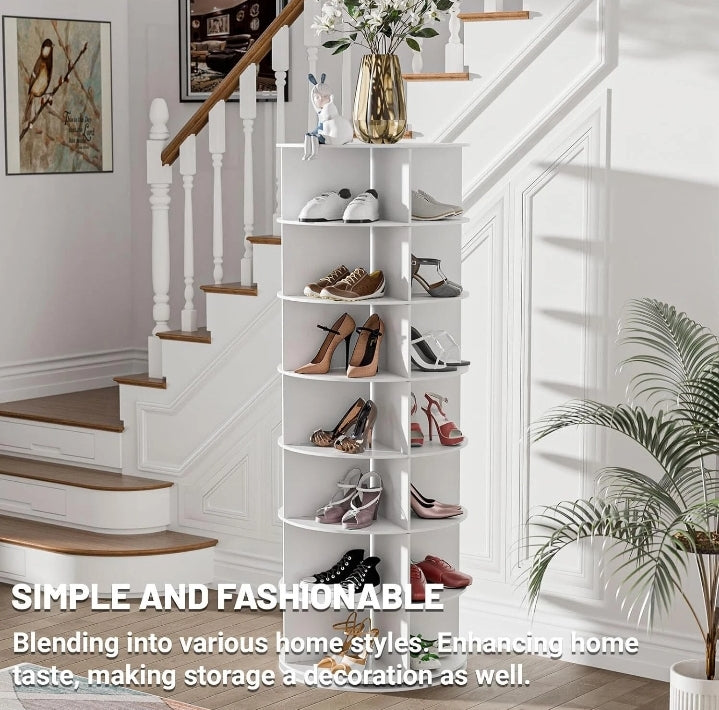 360° Rotating Shoe Rack – 7 Tier Cylindrical Storage Tower (Holds 28 Pairs, White)