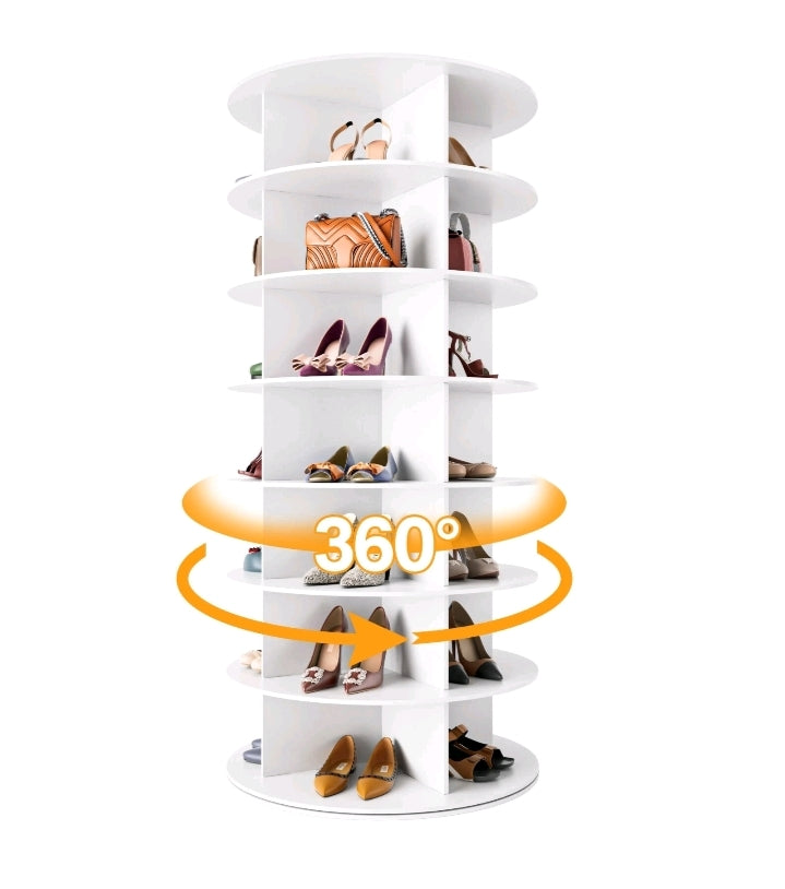 360° Rotating Shoe Rack – 7 Tier Cylindrical Storage Tower (Holds 28 Pairs, White)